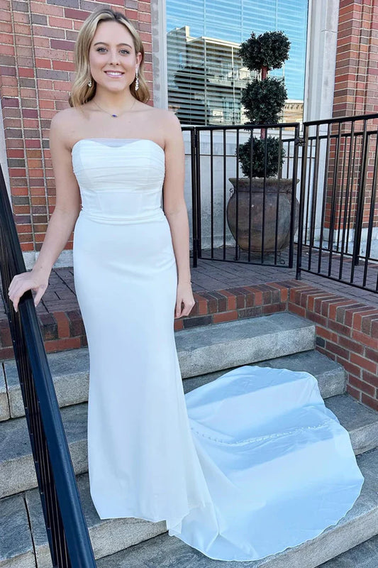White Strapless Mermaid Mopping The Floor Long Wedding Dress