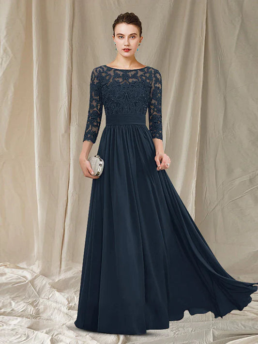 A-Line Mother of the Bride Dress Elegant Jewel Neck Floor Length Chiffon Lace Length Sleeve with Pleats Appliques