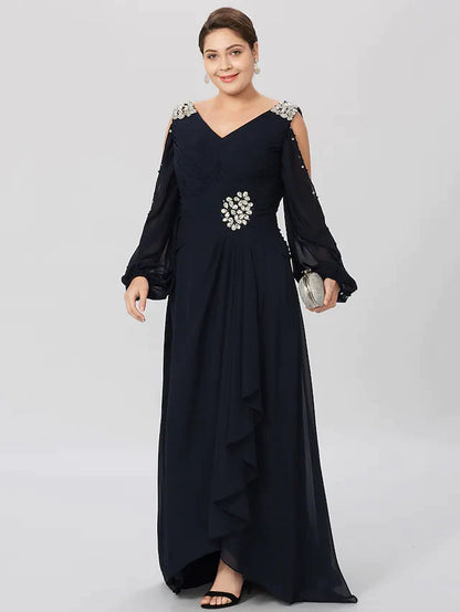 Mother of the Bride Dress Classic & Timeless Elegant & Luxurious Plus Size V Neck Asymmetrical Chiffon Stretch Satin Long Sleeve with Criss Cross Crystals