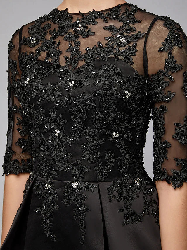 Mother of the Bride Dress Sexy See Through Jewel Neck Lace Satin Half Sleeve with Beading Appliques