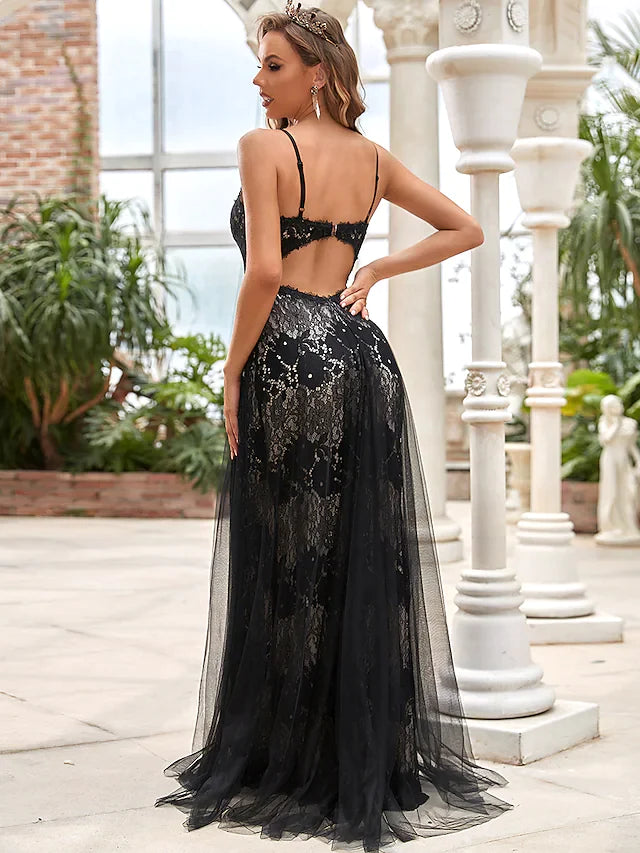 A-Line Wedding Dresses V Neck Plunging Neck Floor Length Lace Tulle Sleeveless Romantic Simple Sexy Black with Lace Draping