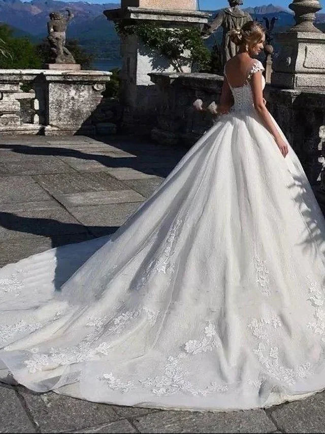 Ball Gown Wedding Dresses Jewel Neck Chapel Train Lace Tulle Lace Over Satin Cap Sleeve Glamorous Illusion Detail with Appliques