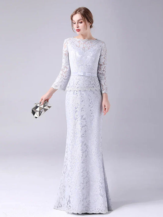 Mother of the Bride Dress Elegant Sweet Jewel Neck Floor Length Lace Long Sleeve with Sash Ribbon Bow(s)