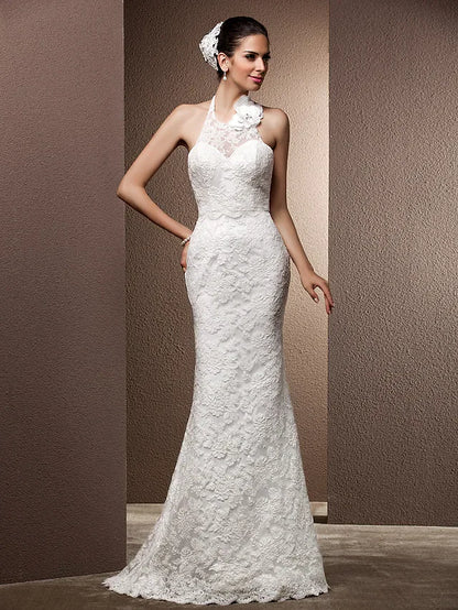 Wedding Dresses Halter Neck Lace Regular Straps Open Back with Beading Flower Button