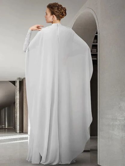 A-Line Mother of the Bride Dress Elegant High Neck Chiffon Lace Long Sleeve with Pleats Appliques