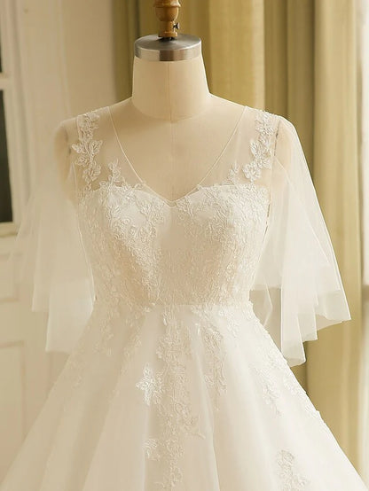 A-Line Wedding Dresses V Neck Court Train Satin Tulle Half Sleeve Formal Plus Size with Appliques