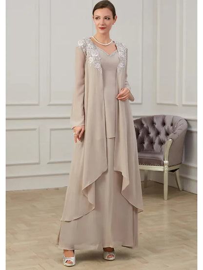 A-Line Mother of the Bride Dress Elegant Jewel Neck Floor Length Polyester Long Sleeve with Appliques