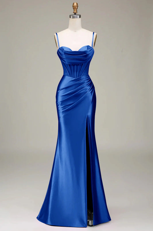 Royal Blue Satin Spaghetti Straps Split Fork Lace-Up Back Slim-fit Prom Dress with Corset