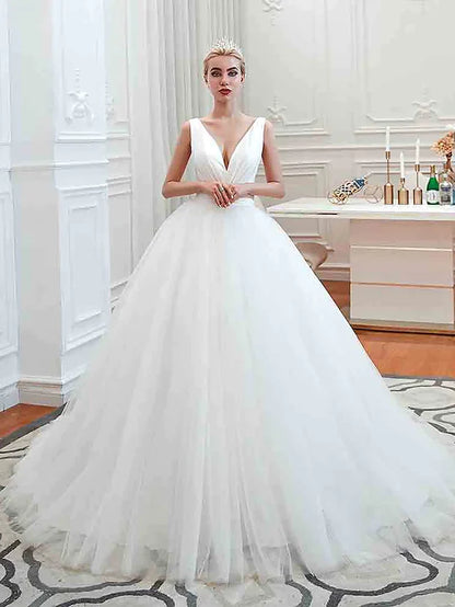 Ball Gown Wedding Dresses V Neck Court Train Tulle Regular Straps Simple Glamorous Backless with Ruched