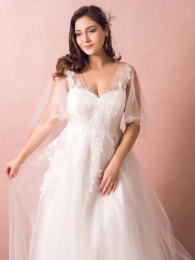 A-Line Wedding Dresses V Neck Court Train Satin Tulle Half Sleeve Formal Plus Size with Appliques