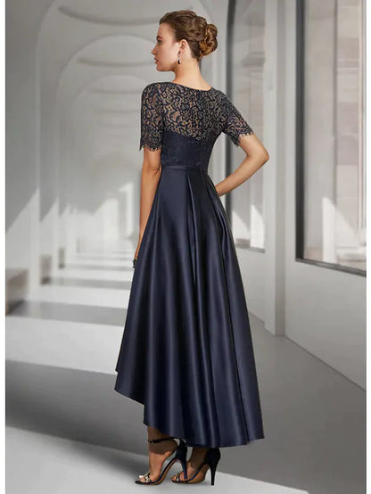 A-Line Mother of the Bride Dress Elegant Jewel Neck Asymmetrical Lace Satin Short Sleeve with Pleats