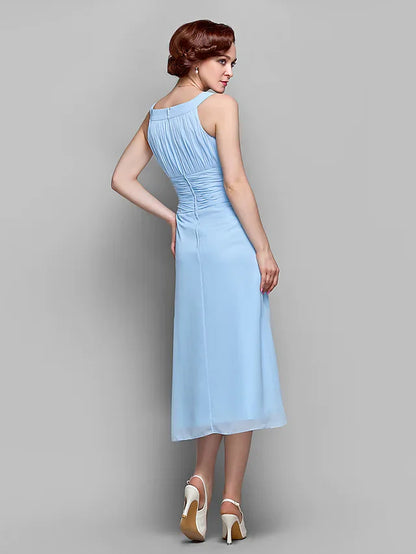 Mother of the Bride Dress Elegant Straps Tea Length Chiffon Sleeveless with Ruched Draping