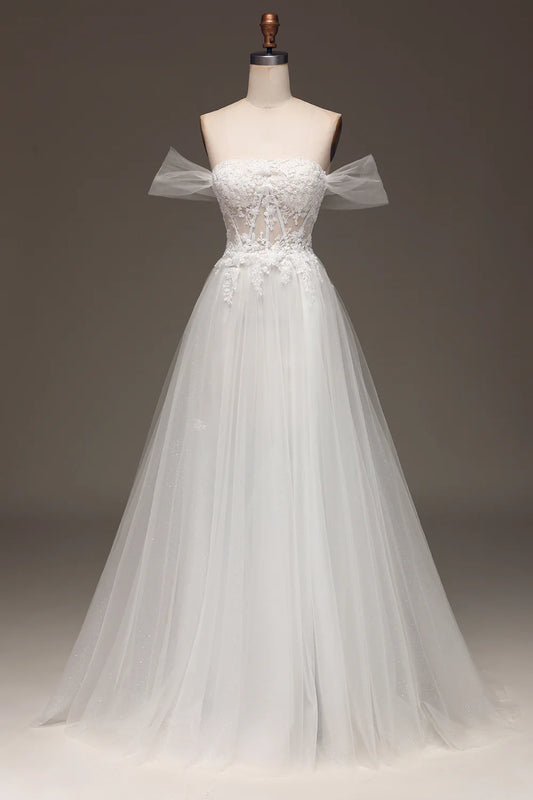 A Line Off the Shoulder Corset Prom Dress with Appliques