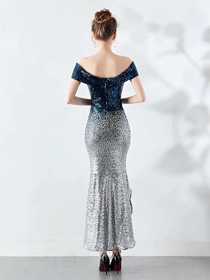 Sexy Wedding Guest Cocktail Party Dress Off Shoulder Sleeveless Asymmetrical Sequined with Sequin