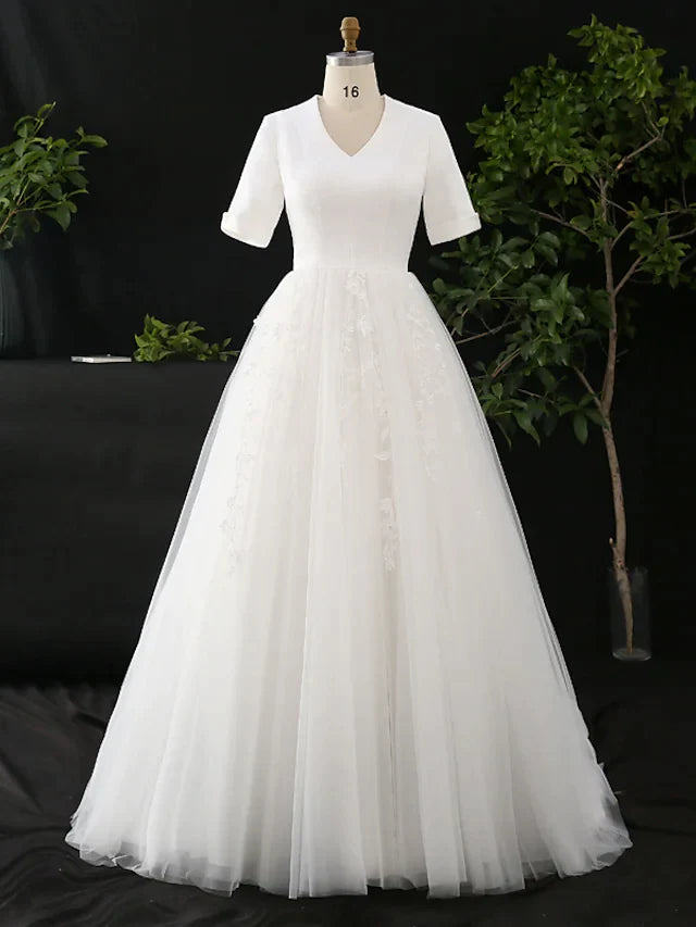 A-Line Wedding Dresses V Neck Court Train Satin Tulle Half Sleeve Simple Elegant with Appliques