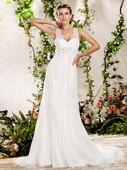 Wedding Dresses V Neck Chapel Train Lace Sleeveless