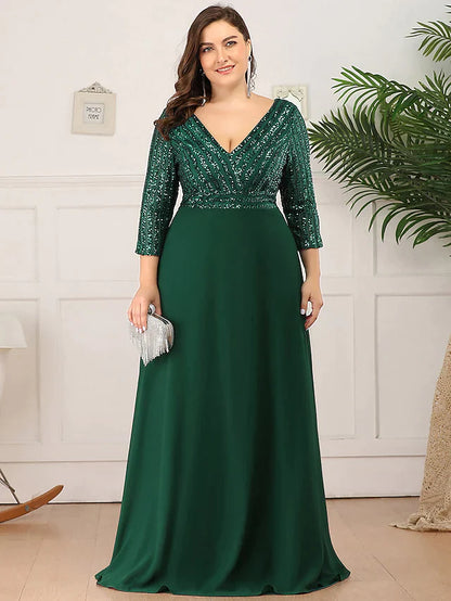 Mother of the Bride Dress Plus Size Elegant V Neck Floor Length Polyester 3/4 Length Sleeve with Sequin