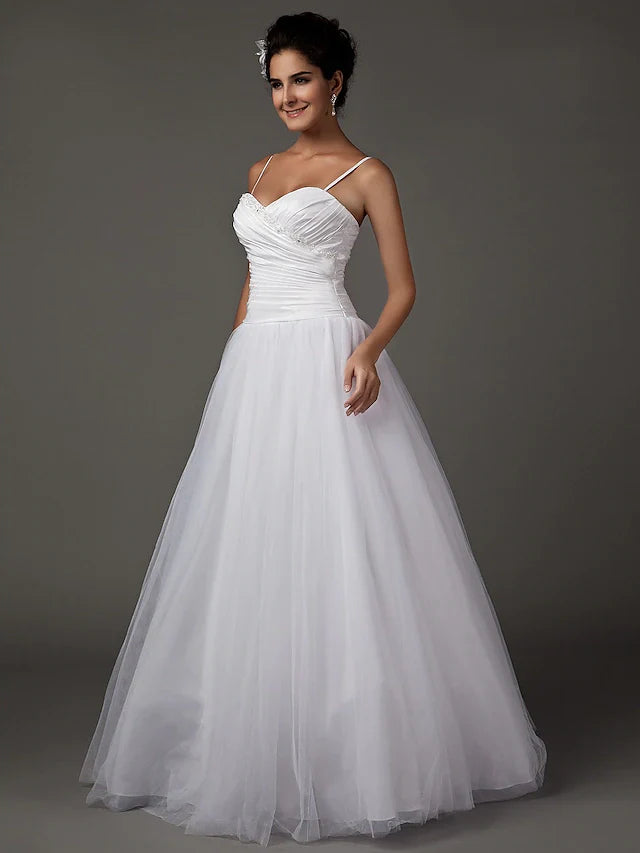 A-Line Wedding Dresses Sweetheart Neckline Spaghetti Strap Floor Length Taffeta Tulle Sleeveless