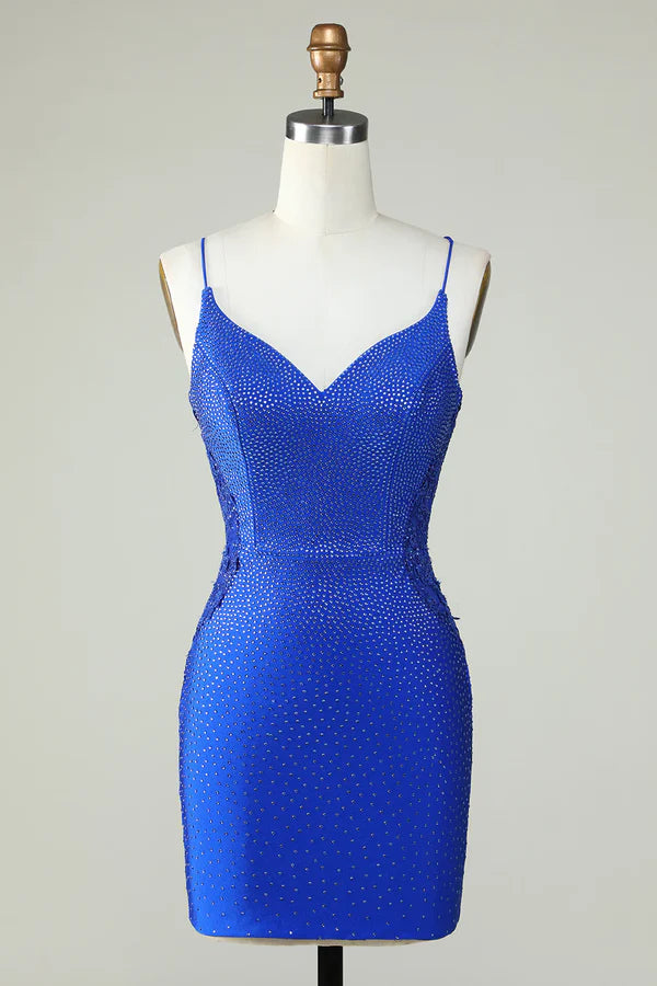 A-Line Royal Blue Beaded Spaghetti Straps Tight Homecoming Dress