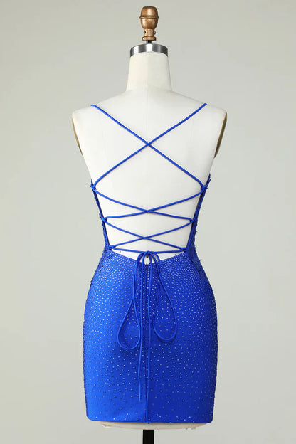 A-Line Royal Blue Beaded Spaghetti Straps Tight Homecoming Dress