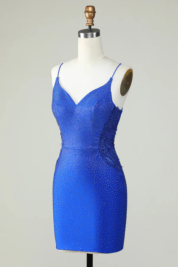 A-Line Royal Blue Beaded Spaghetti Straps Tight Homecoming Dress