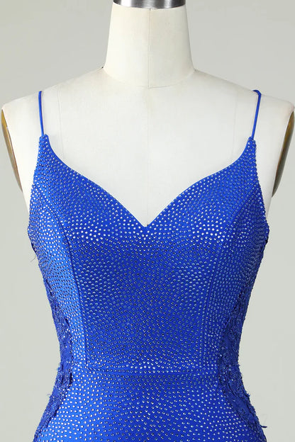 A-Line Royal Blue Beaded Spaghetti Straps Tight Homecoming Dress