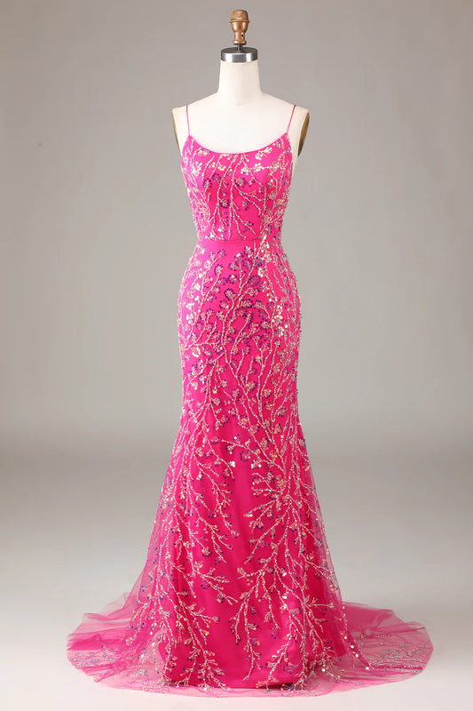 Sheath Mermaid Spaghetti Straps Hot Pink Sequins Beaded Prom Dress with Backless Evening Dress