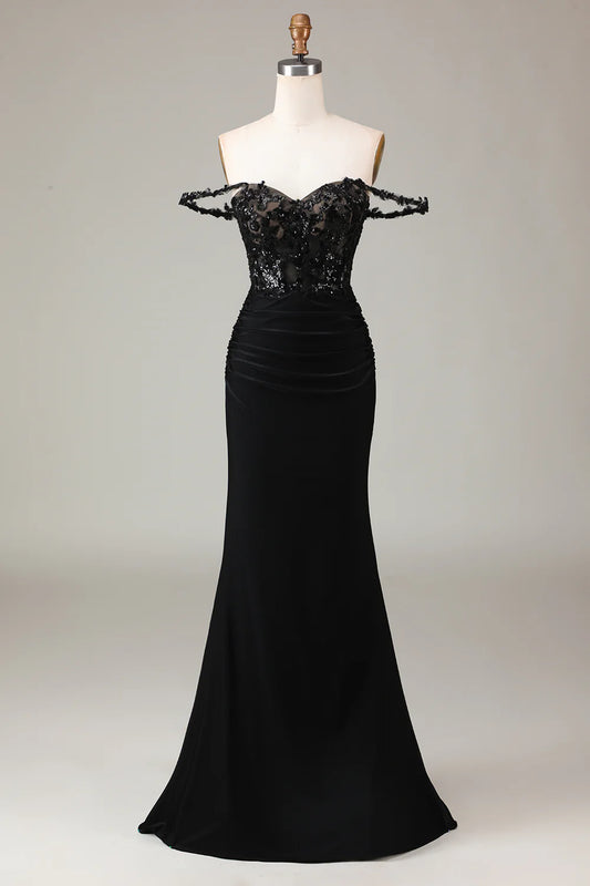 Sheath Mermaid Off the Shoulder Black Sparkly Lace Prom Dress