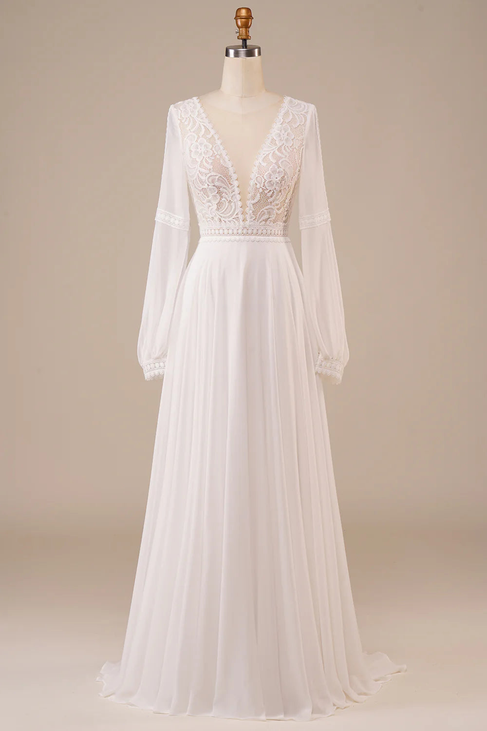 A Line V Neck Long Sleeves Ivory Wedding Dress with Lace