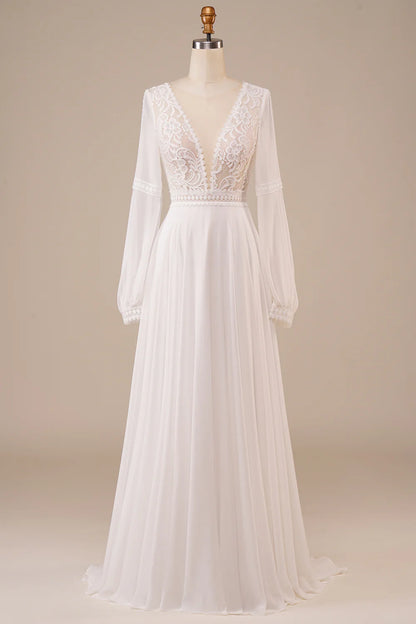 A Line V Neck Long Sleeves Ivory Wedding Dress with Lace