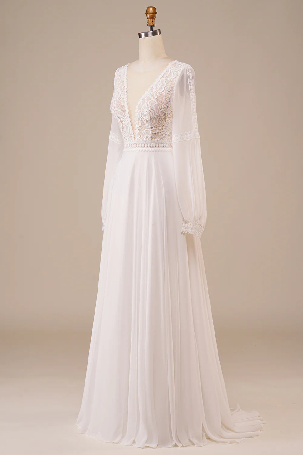 A Line V Neck Long Sleeves Ivory Wedding Dress with Lace