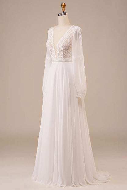 A Line V Neck Long Sleeves Ivory Wedding Dress with Lace