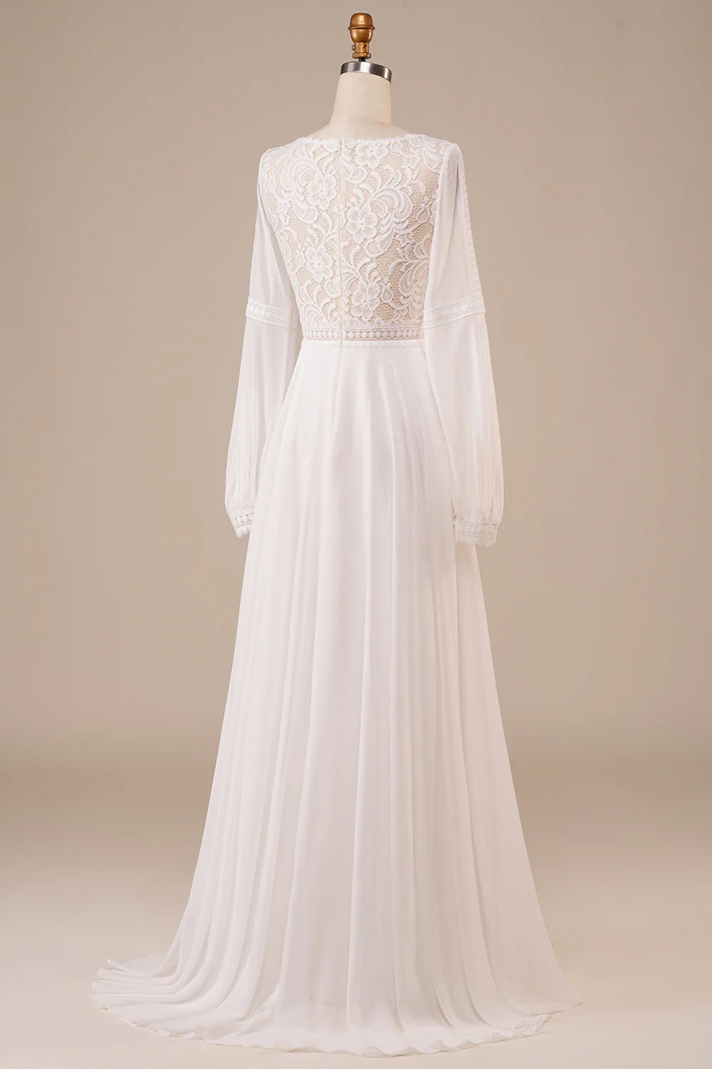 A Line V Neck Long Sleeves Ivory Wedding Dress with Lace