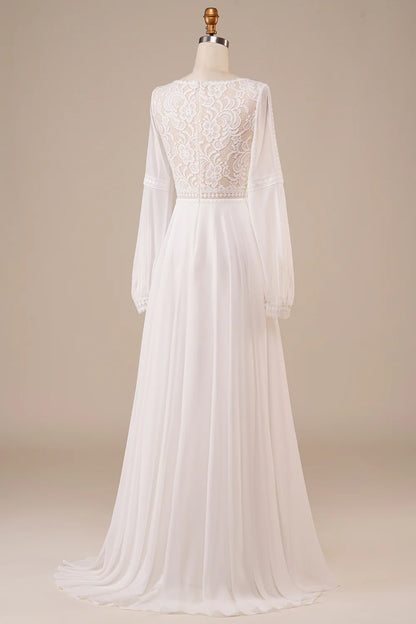 A Line V Neck Long Sleeves Ivory Wedding Dress with Lace