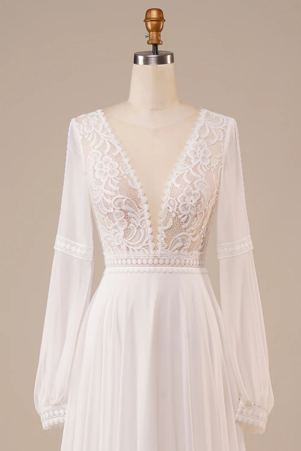 A Line V Neck Long Sleeves Ivory Wedding Dress with Lace