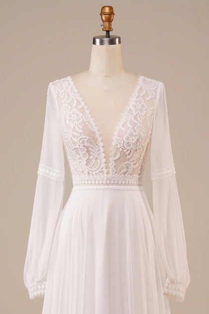 A Line V Neck Long Sleeves Ivory Wedding Dress with Lace