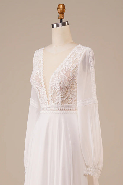A Line V Neck Long Sleeves Ivory Wedding Dress with Lace