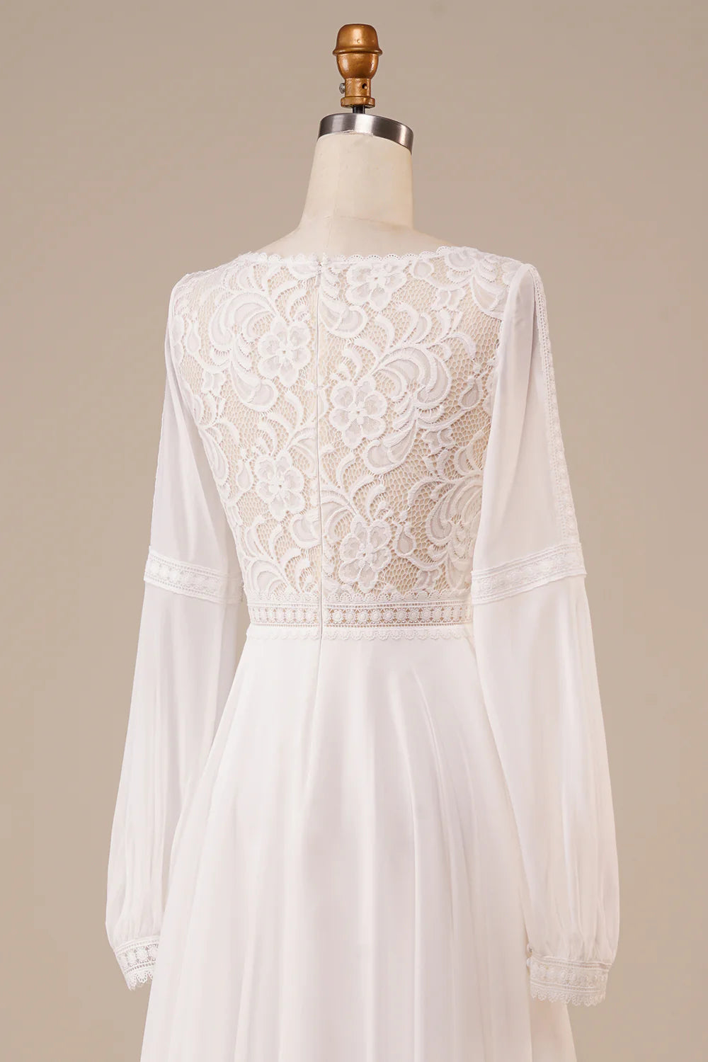 A Line V Neck Long Sleeves Ivory Wedding Dress with Lace