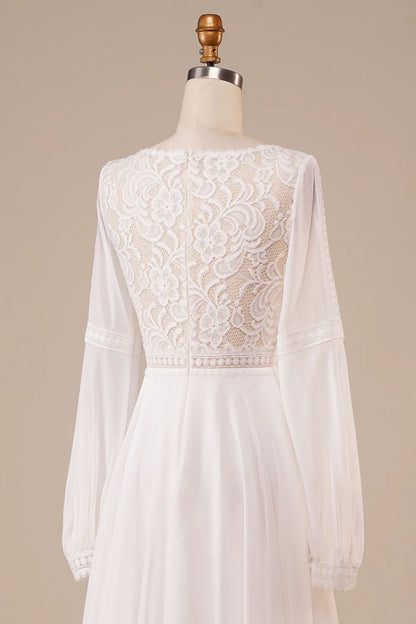 A Line V Neck Long Sleeves Ivory Wedding Dress with Lace