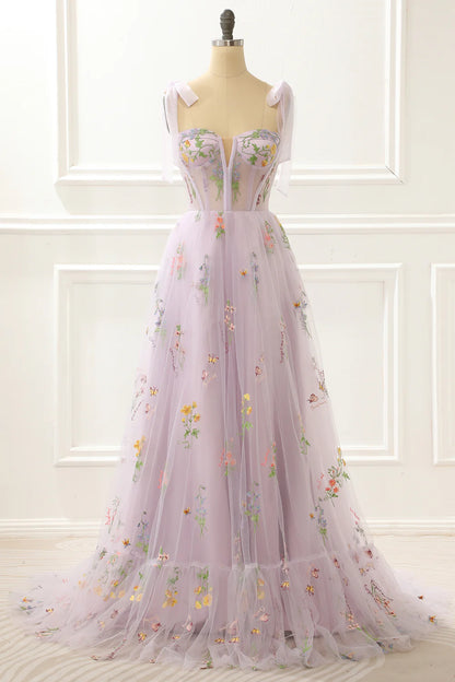 A-Line Lavender Princess Square Neck Bow Strap Prom Dress With Embroidery
