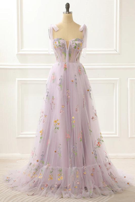 A-Line Lavender Princess Square Neck Bow Strap Prom Dress With Embroidery