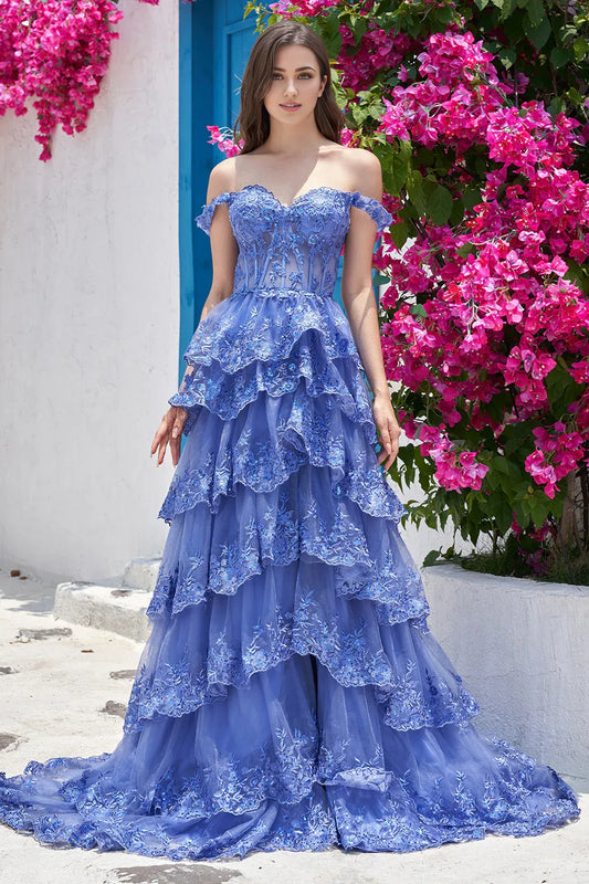 A Line Off The Shoulder Lilac Gold Tiered Prom Dress  Formal Dresses With Lace Appliques