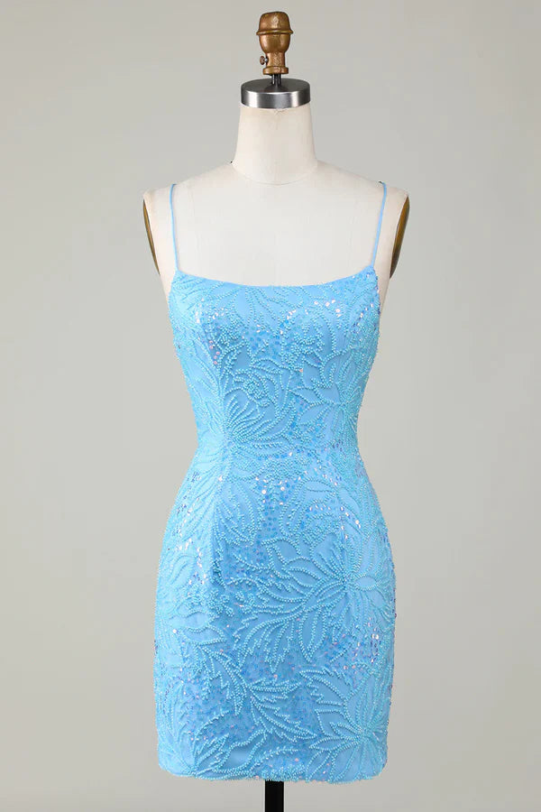 Sheath Spaghetti Straps Sparkly Beaded Short Sleeveless Homecoming Dress