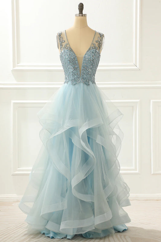 Light Blue Tulle A Line Plunge V Beading Unique design Prom Dress with Appliques
