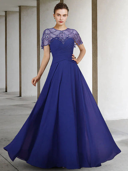 A-Line Mother of the Bride Dress Elegant Jewel Neck Floor Length Chiffon Short Sleeve with Pleats Beading