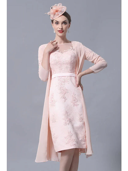 Mother of the Bride Dress Plus Size Elegant Vintage Bateau Neck Knee Length Chiffon Lace 3/4 Length Sleeve with Appliques