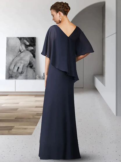 Mother of the Bride Dress Elegant V Neck Floor Length Chiffon Half Sleeve with Ruffles