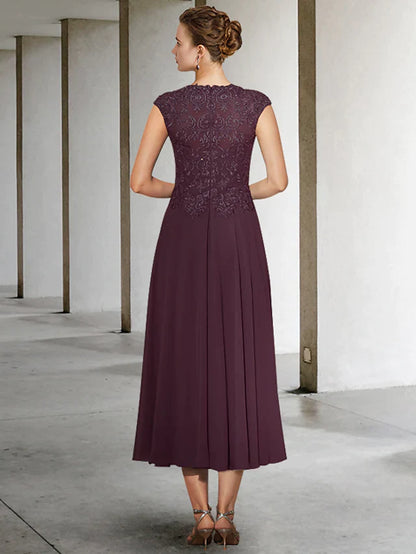 A-Line Mother of the Bride Dress Elegant Jewel Neck Ankle Length Chiffon Lace Sleeveless with Pleats Appliques