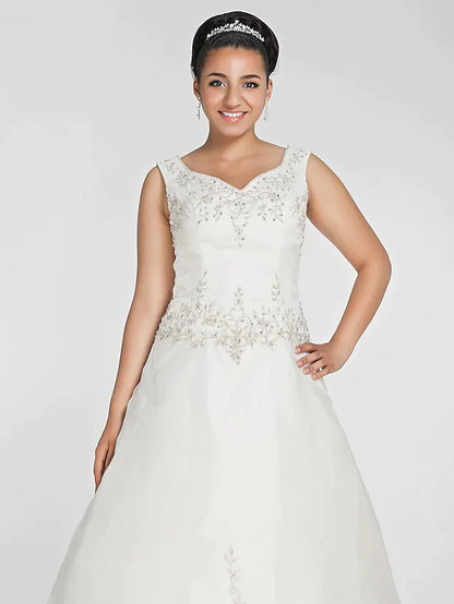 Ball Gown Wedding Dresses V Neck Court Train Organza Beaded Lace Regular Straps Formal Plus Size with Beading Embroidery