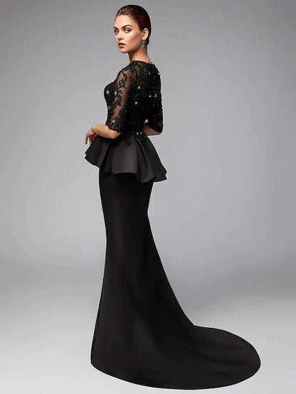 Mother of the Bride Dress Sexy See Through Jewel Neck Lace Satin Half Sleeve with Beading Appliques